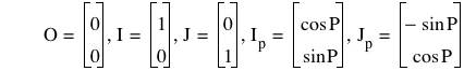 O=vector(0,0),I=vector(1,0),J=vector(0,1),I_p=vector(cos(P),sin(P)),J_p=vector(-sin(P),cos(P))