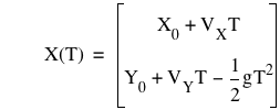 function(X,T)=vector(X_0+V_X*T,Y_0+V_Y*T-(1/2*g*T^2))