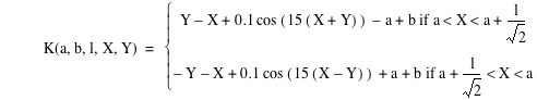 function(K,a,b,l,X,Y)=branch(if(Y-X+0.1*cos([15*[X+Y]])-a+b,a<X<a+l/sqrt(2)),if(-Y-X+0.1*cos([15*[X-Y]])+a+b,a+l/sqrt(2)<X<a))