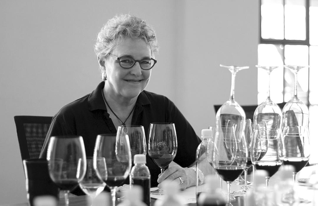 black and white photo of Zelma Long wine tasting