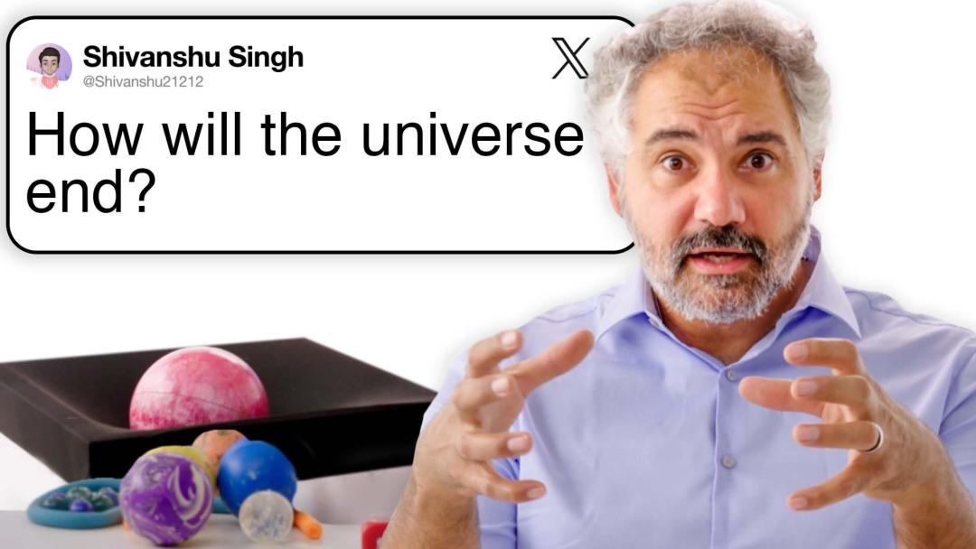 Jeff Hazboun sits infant of a question box on the screen asking how will the universe end.