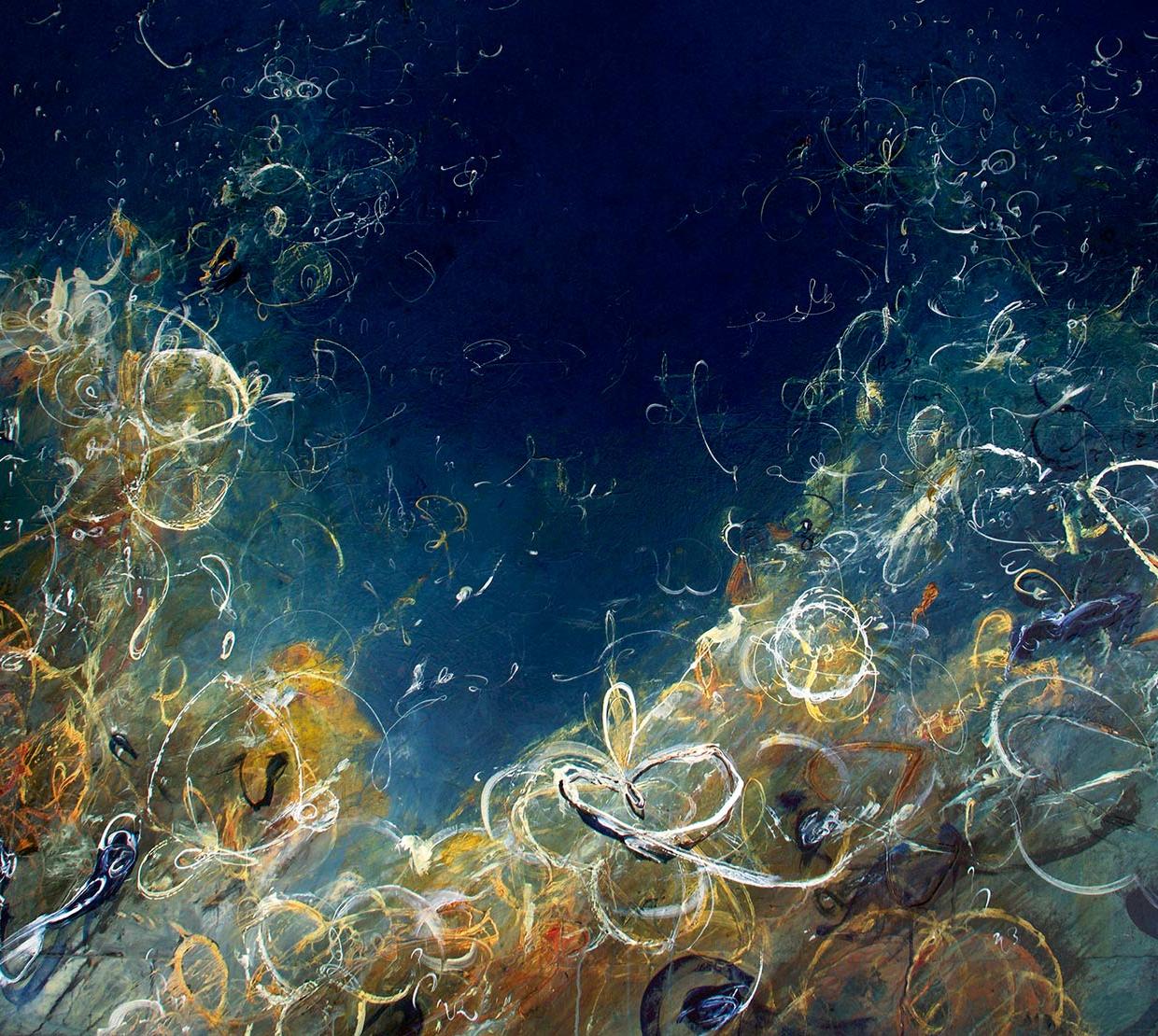 Michael Schultheis painting of ocean shore made of mathematical imagery