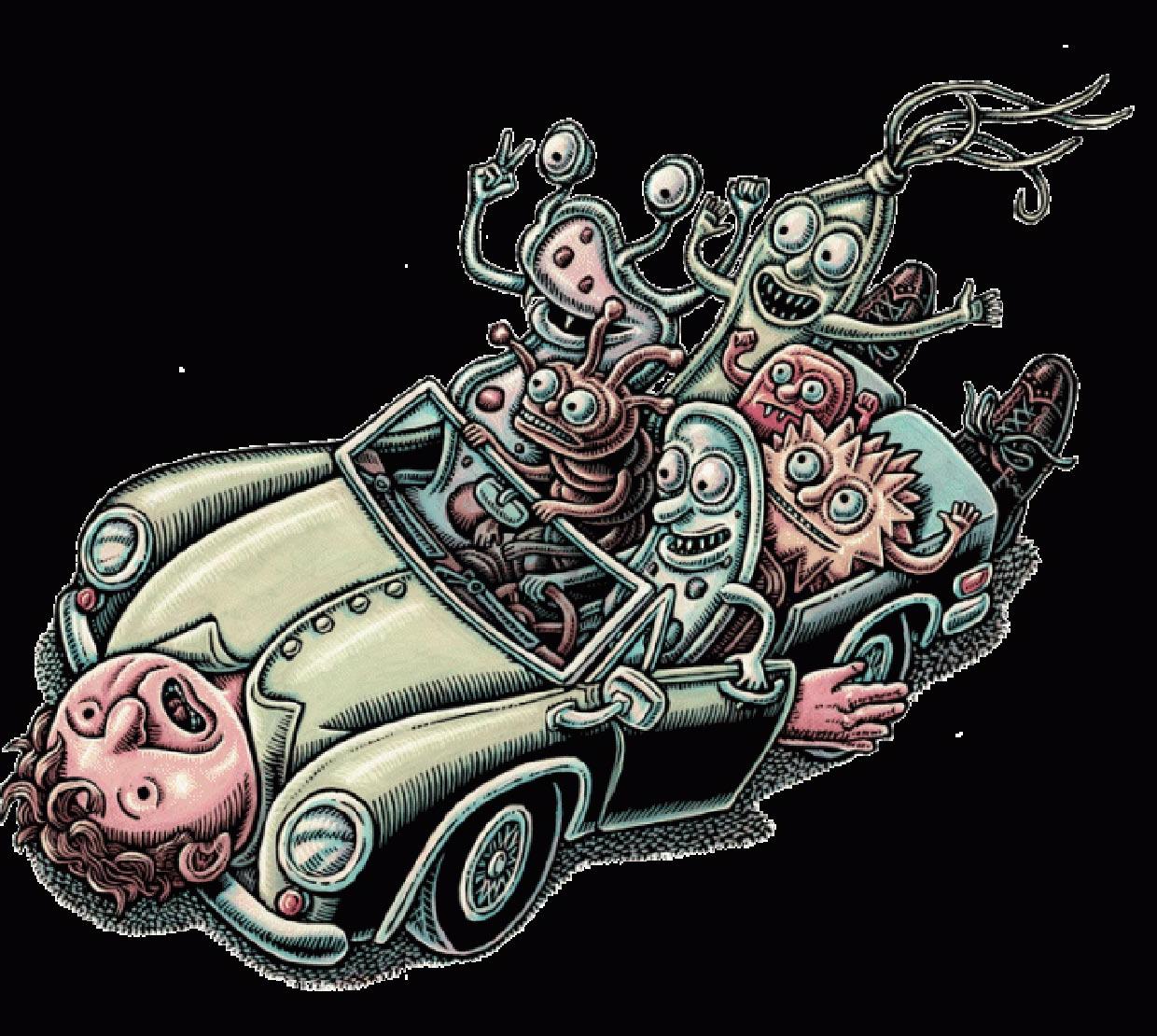 Lisa Haney painting of bacteria characters driving human car