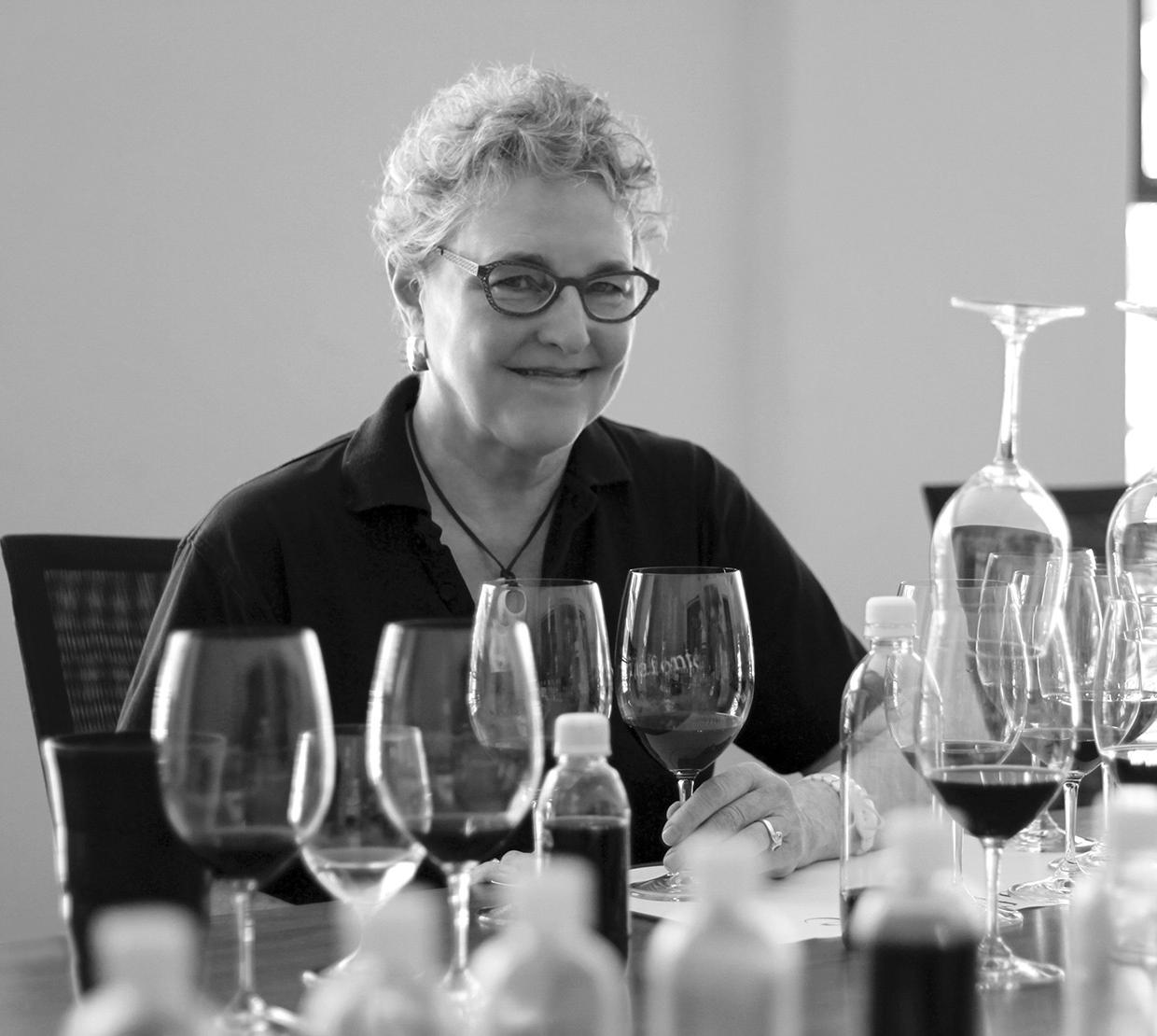black and white photo of Zelma Long wine tasting
