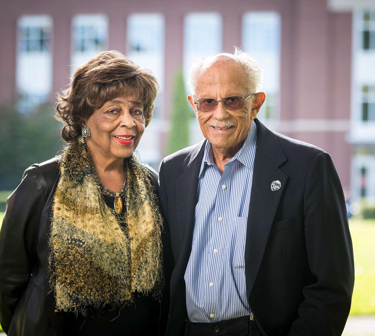 Warren Washington pictured with his wife Mary in front of the Valley Library