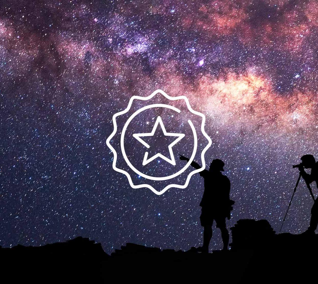 Star icon above starry night sky with two silhouettes of explorers
