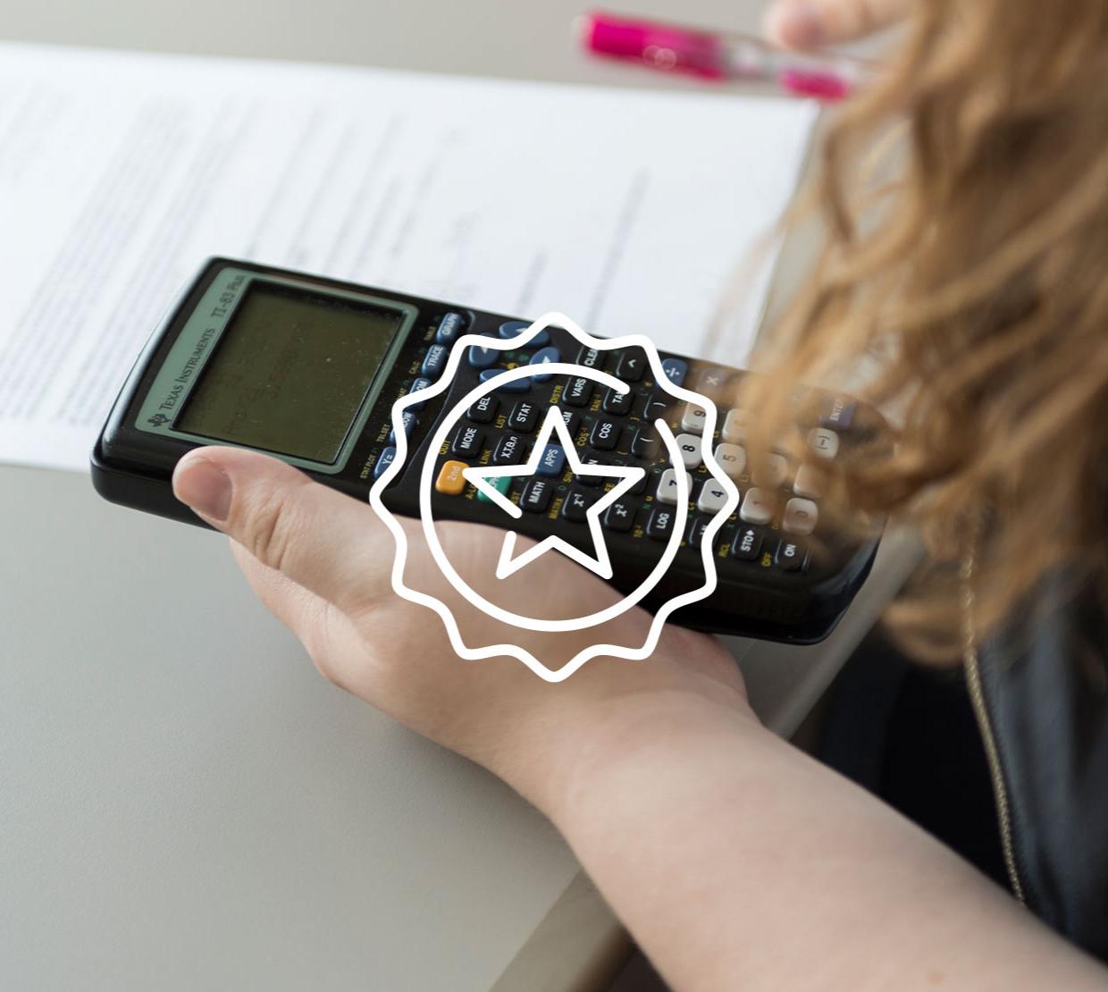 star icon above image of student working on homework with calculator