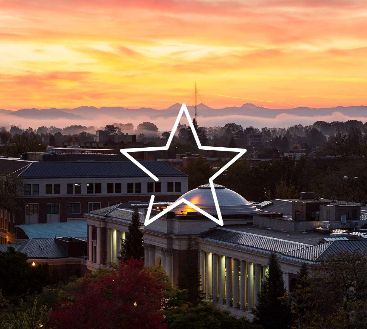 star icon above aerial shot of the Memorial Union at sunset