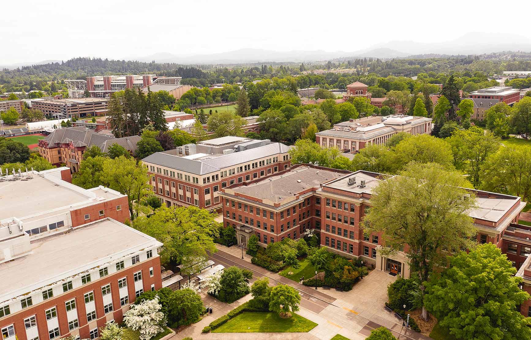 An aerial shot of the OSU Corvallis campus on a sunny day.