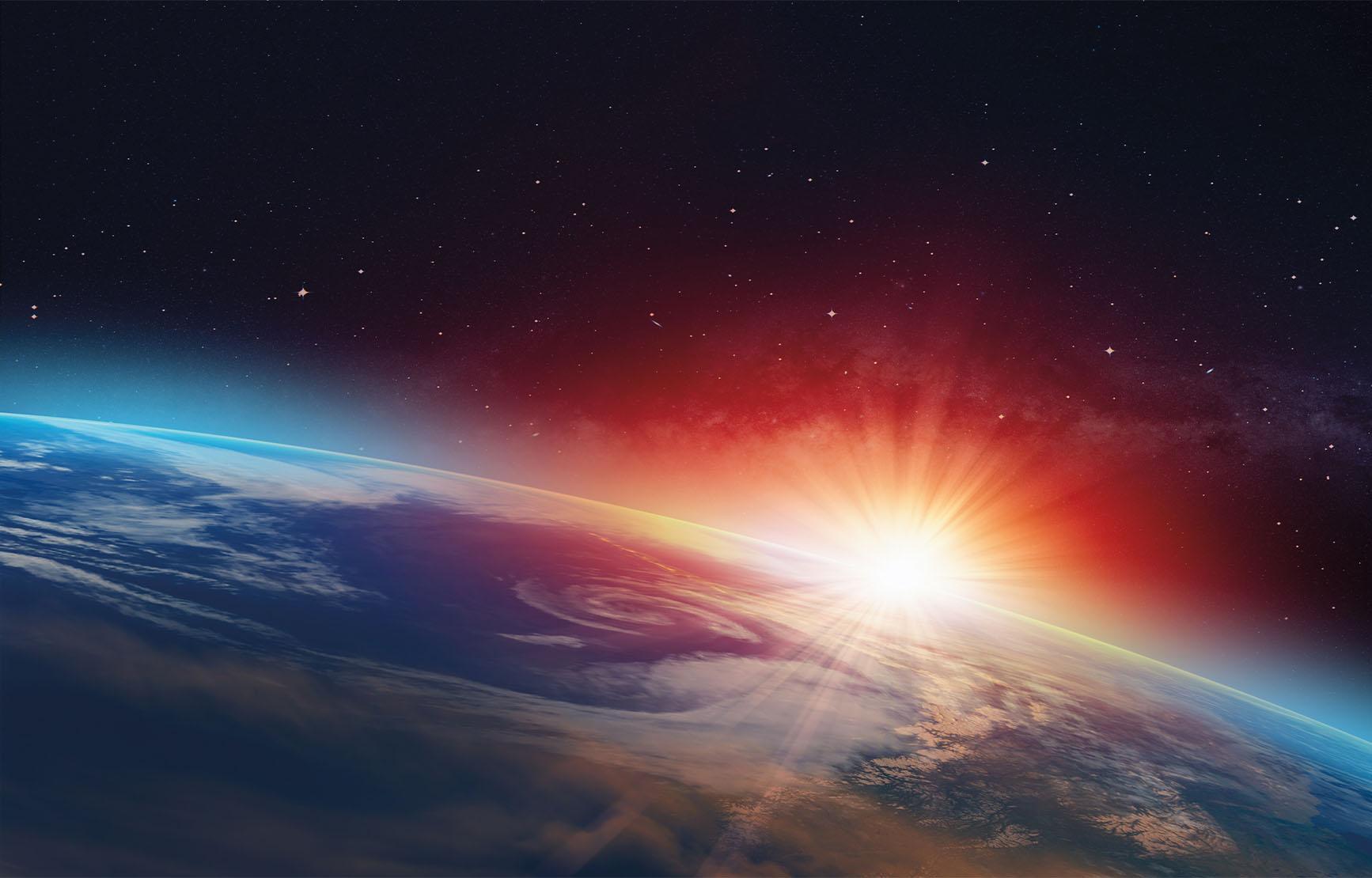 Artist's rendering of the Sun on the Earth's horizon as seen from space