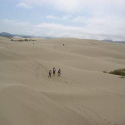Three individuals walking through sand dunes, leaving footprints in their wake.