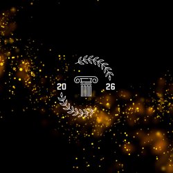 A black background with orange glitter, a roman pillar and the year 2026.