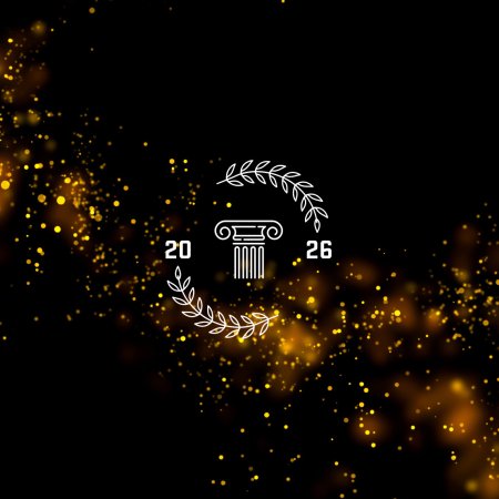 A black background with orange glitter, a roman pillar and the year 2026.