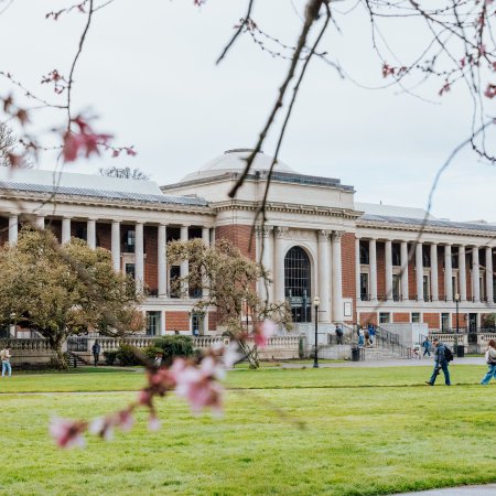 A general shot of memorial union on OSU campus with flowers.