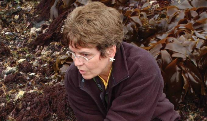 Jane Lubchenco sitting in seaweed and urchins