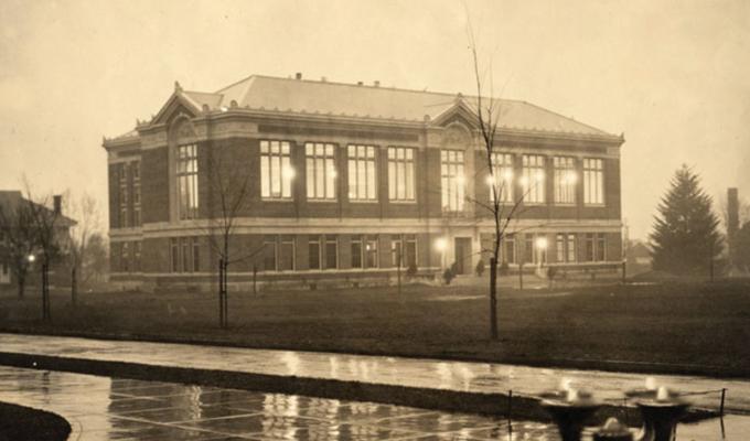 Antique photo of Kidder Hall on a rainy afternoon
