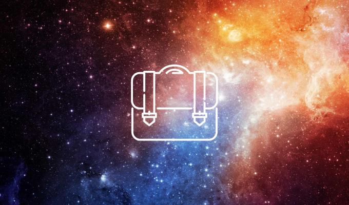 briefcase icon above image of vibrant galaxy