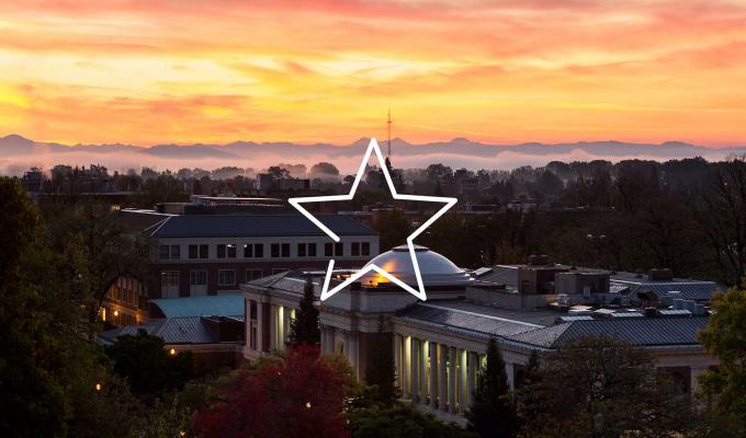star icon above aerial shot of the Memorial Union at sunset