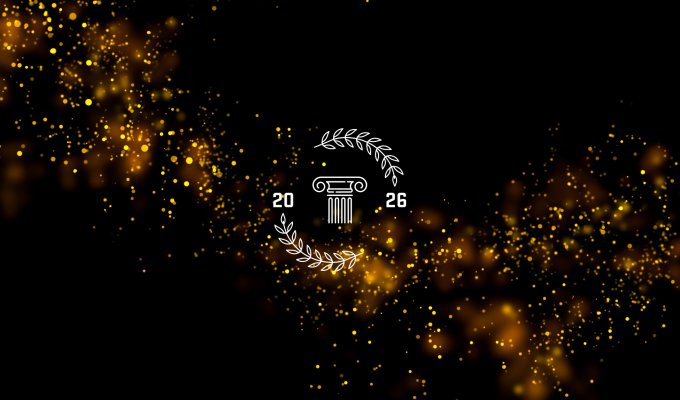 A black background with orange glitter, a roman pillar and the year 2026.