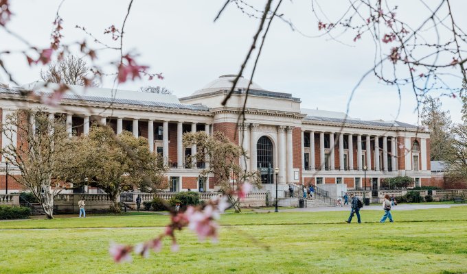 A general shot of memorial union on OSU campus with flowers.