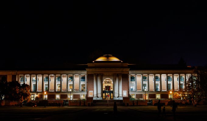 A nighttime image of campus.