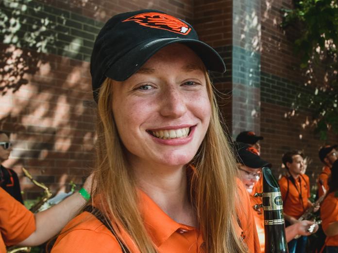 Bailey Burk preparing to march with OSU marching band