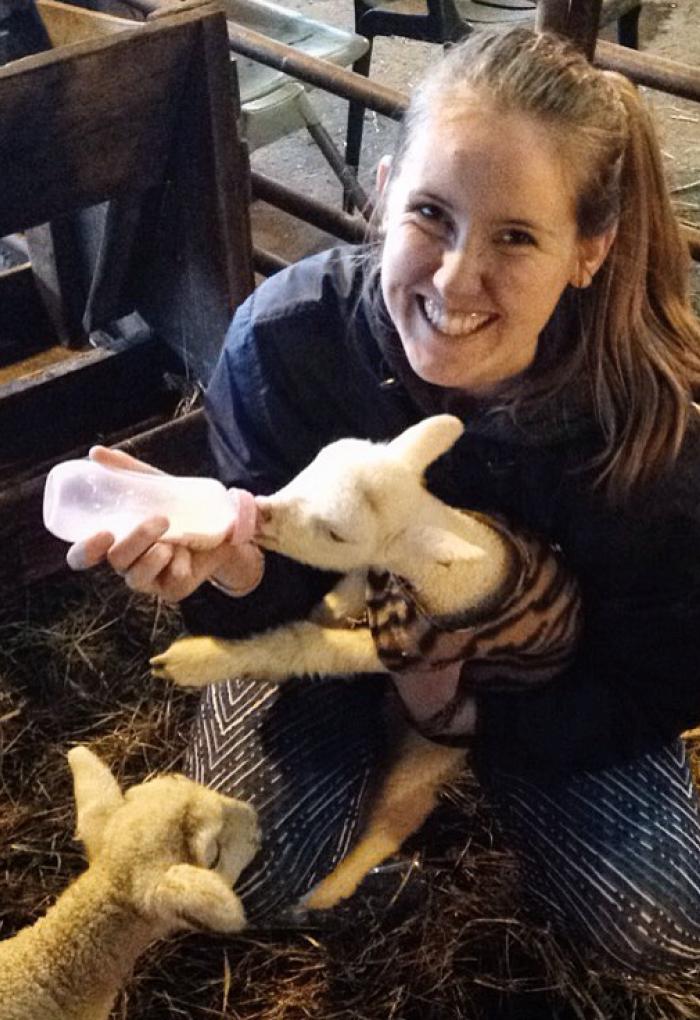 Karianna Crowder feeding milk to baby lambs
