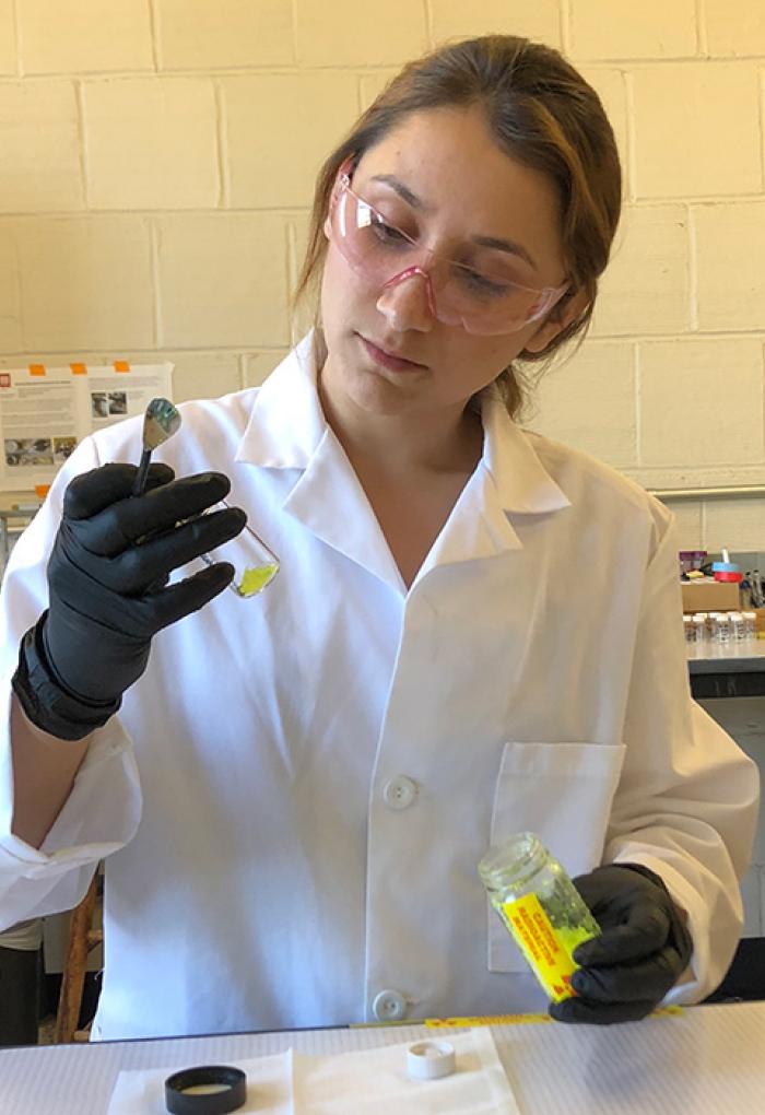 Ana Arteaga analyzing beakers in lab
