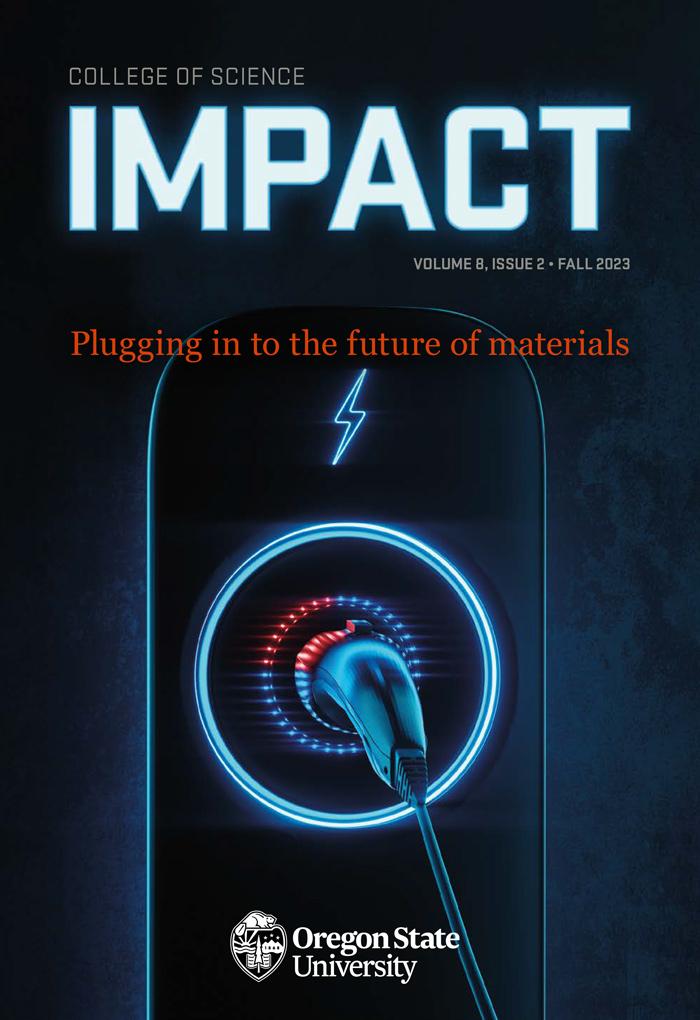 The cover of IMPACT Magazine, Fall 2023 shows a smart car charger with the text "Plugging in to the future of materials" and "Fall 2023"