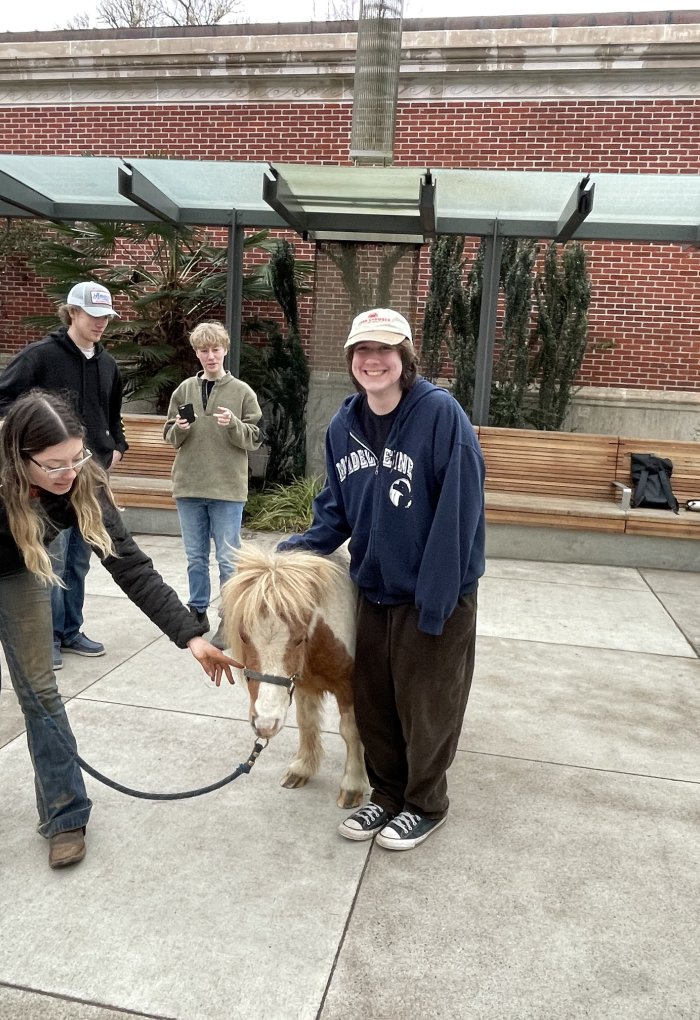 A man stands on the Oregon State University campus and pets a miniature horse.
