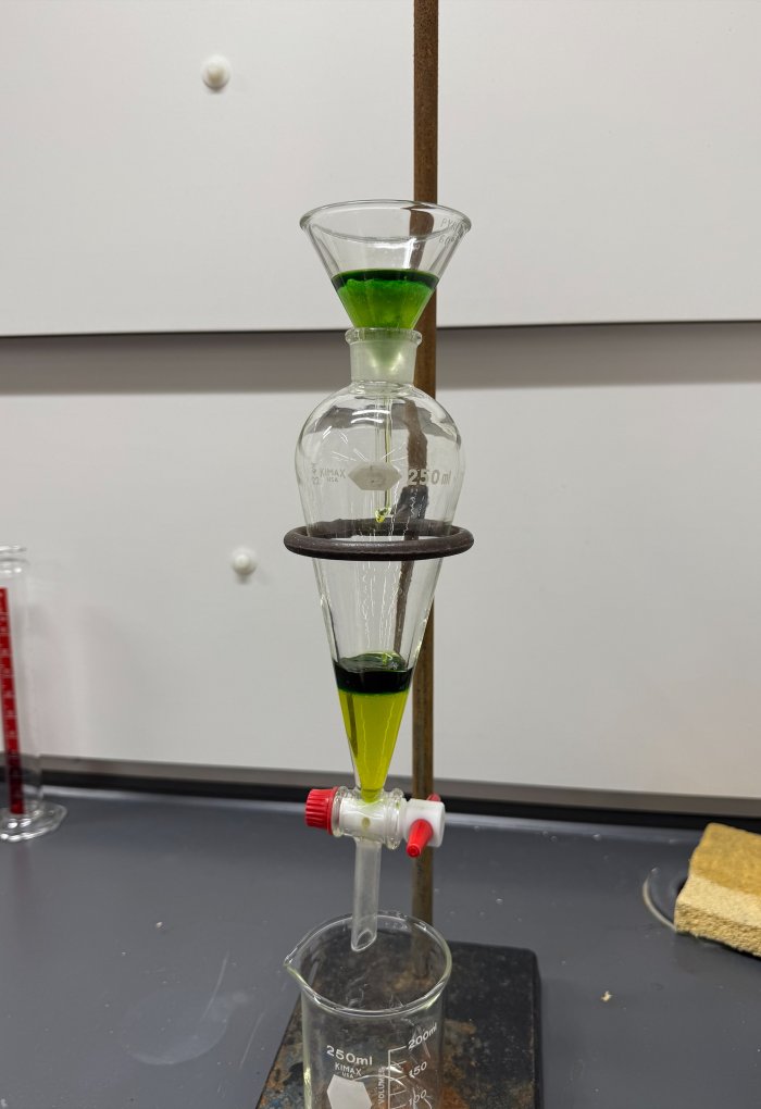 Green liquid drips from a Pyrex glass cone and collects at the bottom of a Pyrex 250 mL Pear-Shaped Squibb Separatory Funnel. The liquid separates with a dark green color sitting on top of light green.