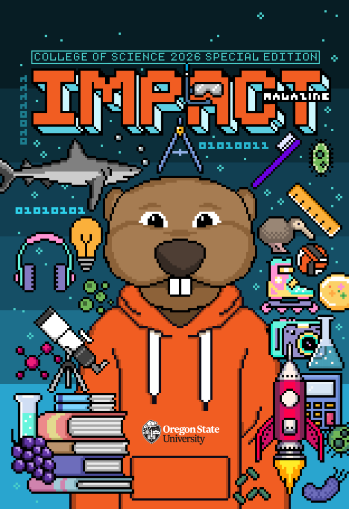 Pixel art of a beaver with an orange branded sweatshirt and the text: College of Science 2026 Special Edition IMPACT Magazine