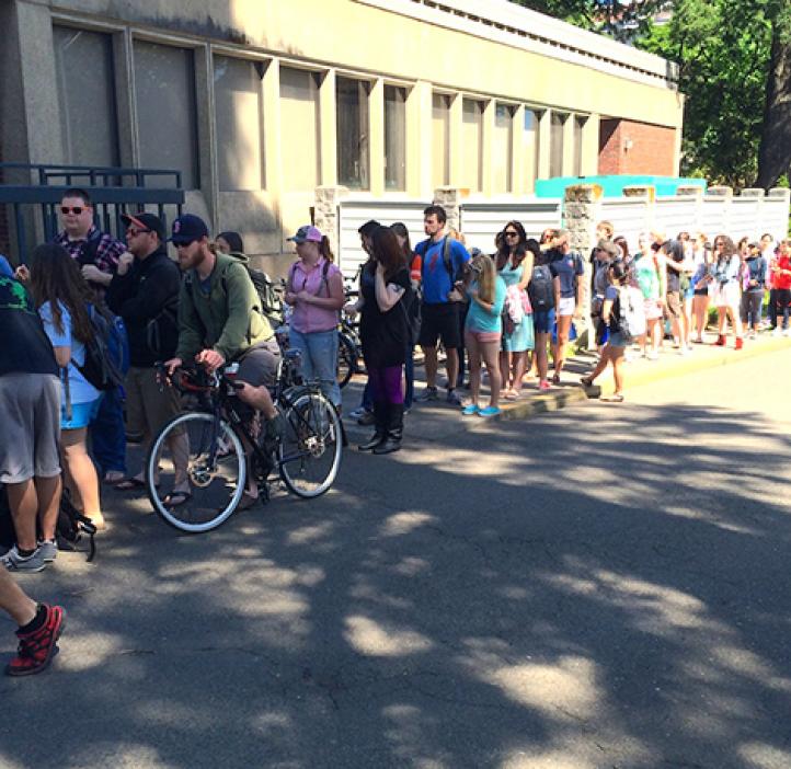 Students lined up in front of Milne Hall