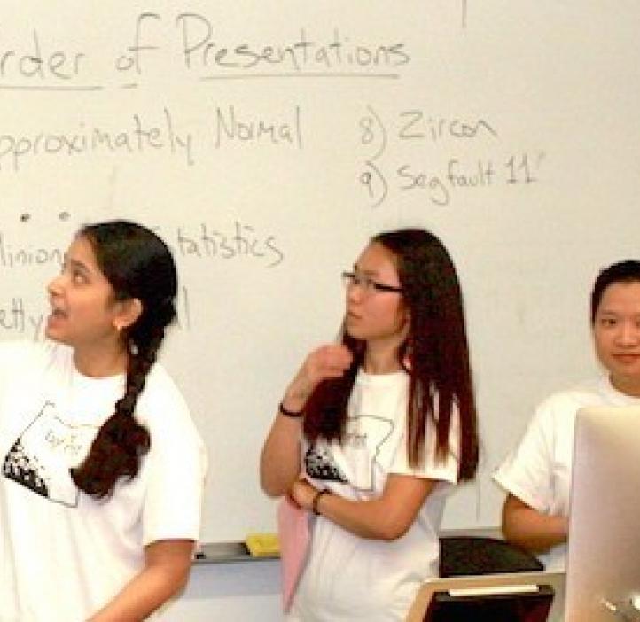 female students giving presentation in classroom