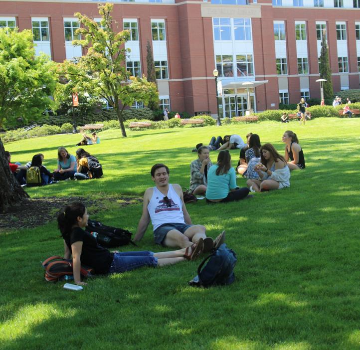 students sitting in field