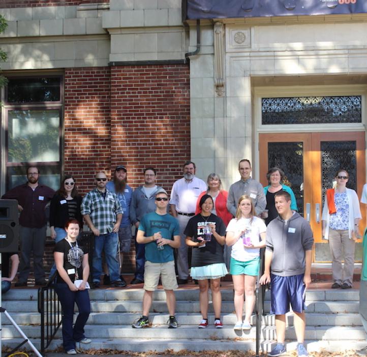 chemistry students with faculty on steps of Kidder Hall