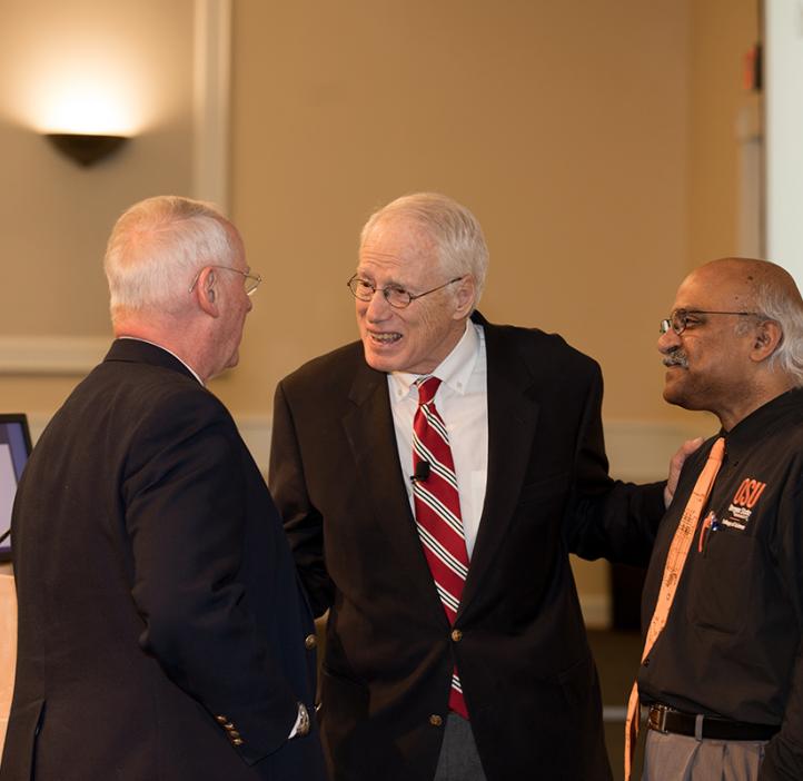OSU President Ed Ray, William Kirwan, and Science Dean Sastry Pantula on stage