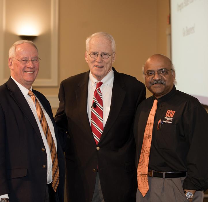 OSU President Ed Ray, William Kirwan, and Science Dean Sastry Pantula on stage