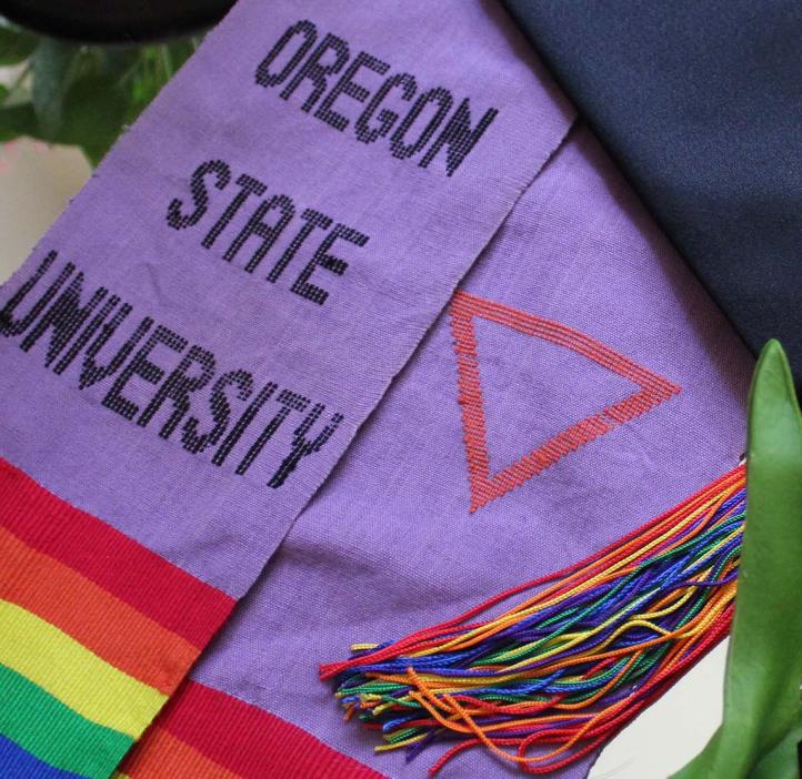 A graduation cap with a rainbow pride flag coming off the back