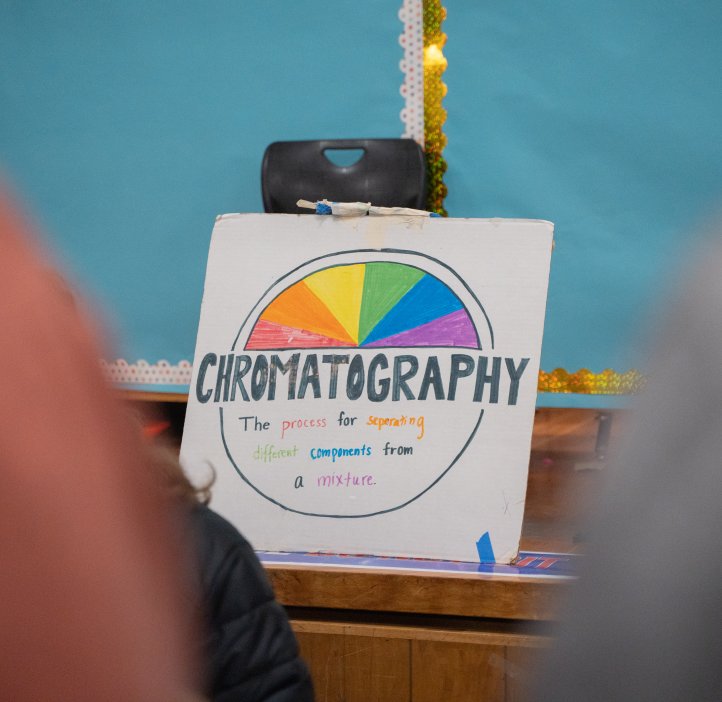 A hand-drawn sign says "Chromography." It has a color wheel on it.