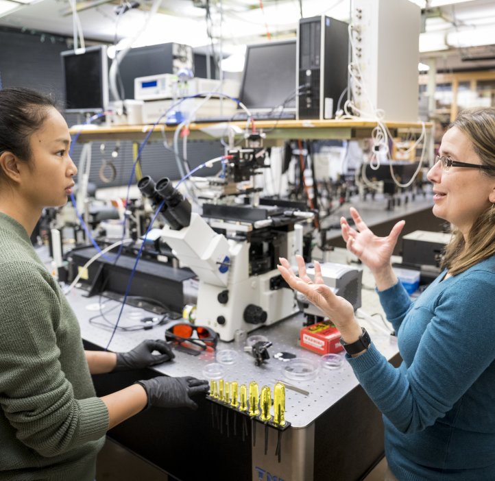 Two women work in a laboratory. 