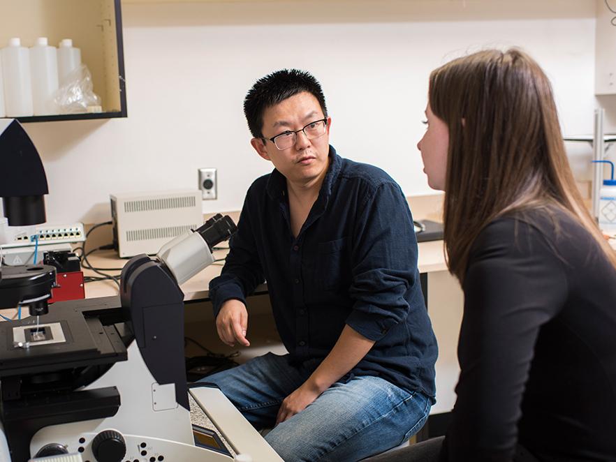 Bo Sun talking with student in lab