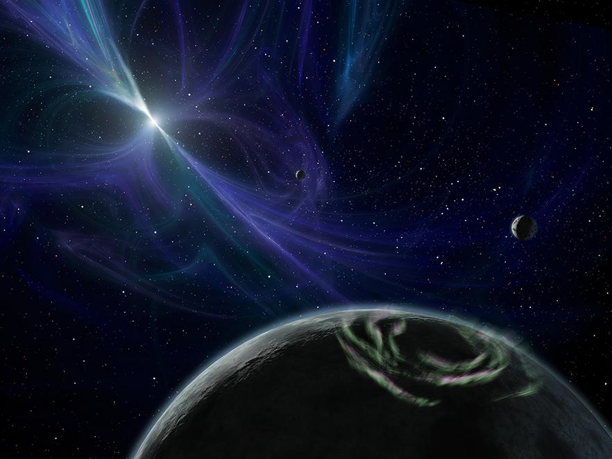 Rendition of the PSR B1257+12 pulsar system illustrating the lighthouse-like emission of radiation from a pulsar’s poles. Image by NASA/JPL-Caltech.